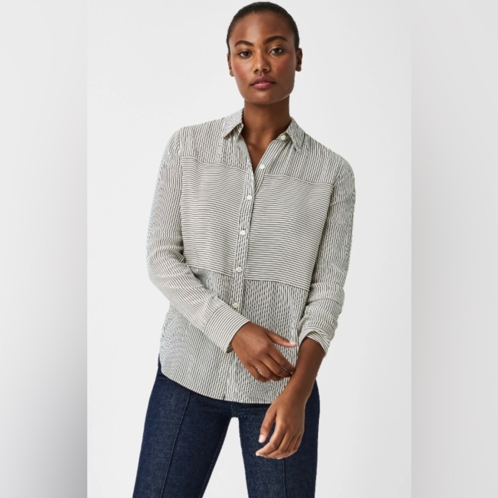 New Spanx 100% Silk Button-Down Shirt Size Large‎ Cedar True Ivory Stripe